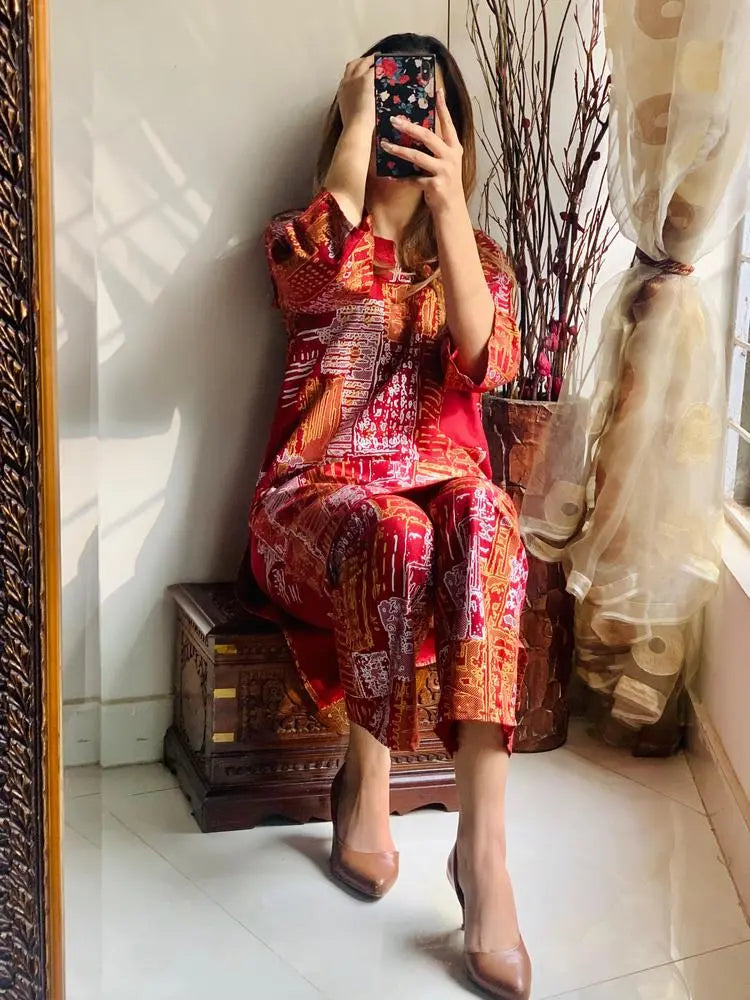 2Pcs Stylish Women's Stitched Printed Suit Shirt & Trouser Hype Hem