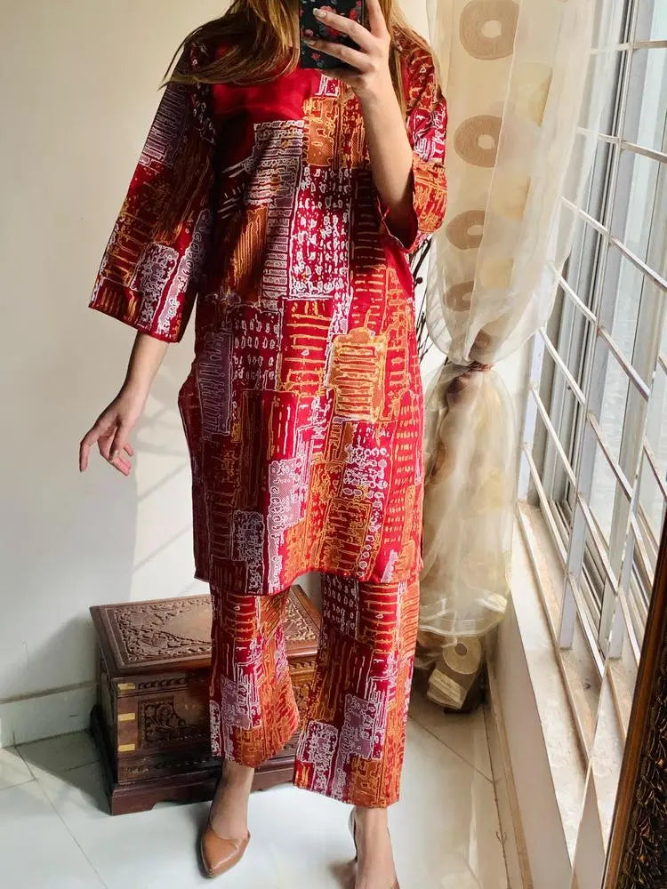 2Pcs Stylish Women's Stitched Printed Suit Shirt & Trouser Hype Hem