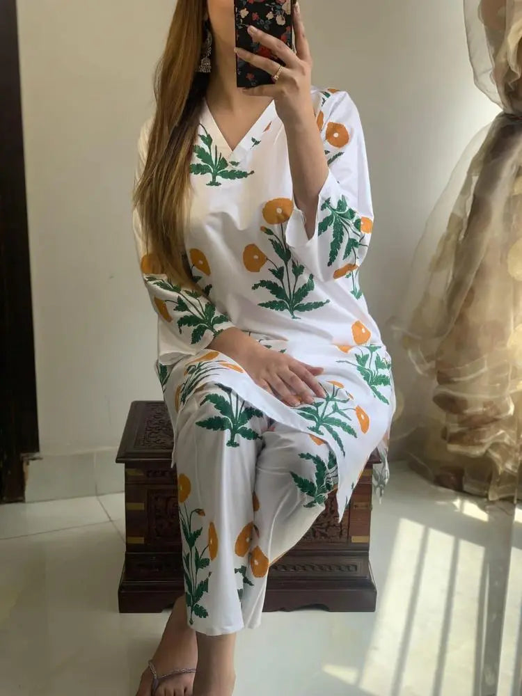 2Pcs Women's Printed Stitch Suit Shirt & Trouser Hype Hem