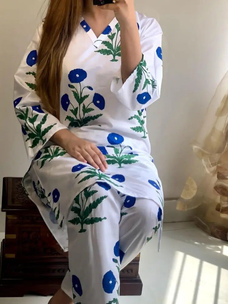2 Pcs Women's Printed Stitched Suit Shirt & Trouser Hype Hem