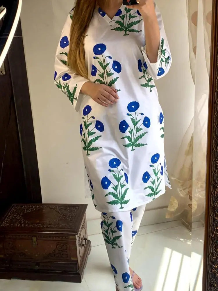 2 Pcs Women's Printed Stitched Suit Shirt & Trouser Hype Hem