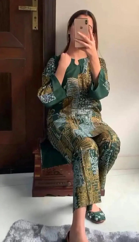 2Pcs  Stylish Women's Stitched Printed Suit Shirt & Trouser Hype Hem