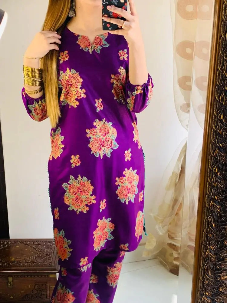 2Pcs Women's Stitched Printed Shirt & Trouser Hype Hem