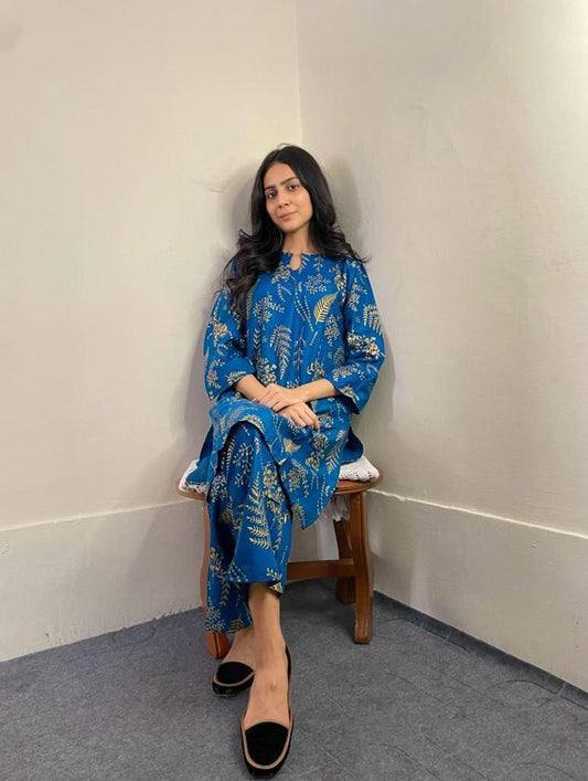 Women's Stitched Linen Printed Shirt and Trouser Set - 2 Pcs