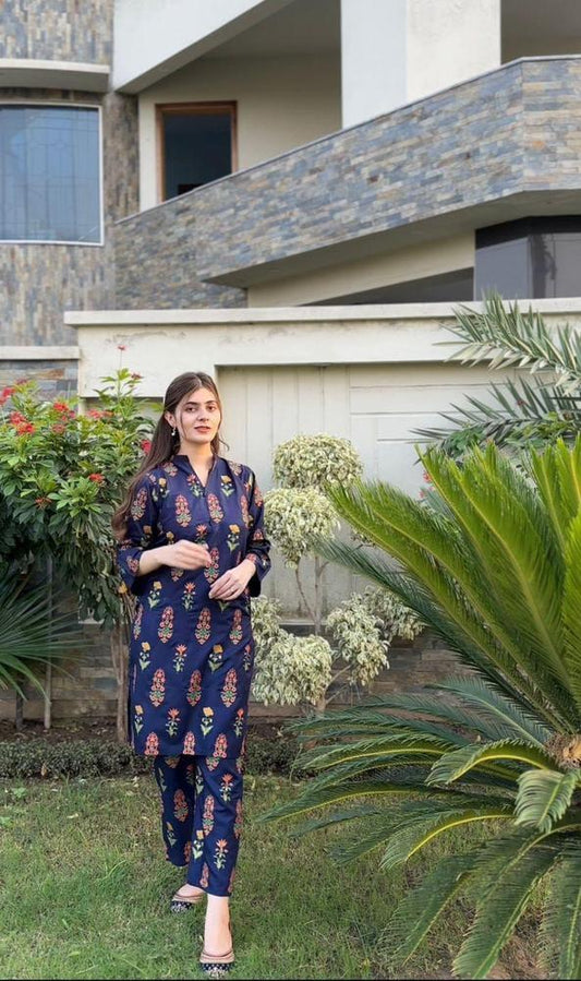 2 Pcs Women's Stitched Linen Printed Shirt And Trouser