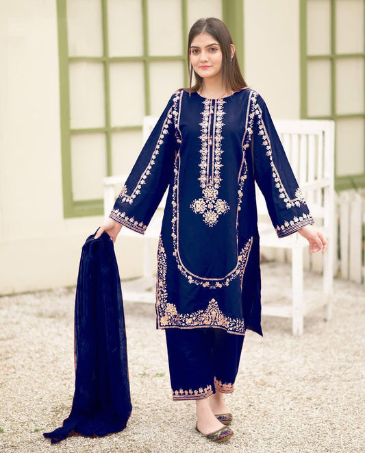 3 Pcs Women's Stitched Sequins Embroidered Frock