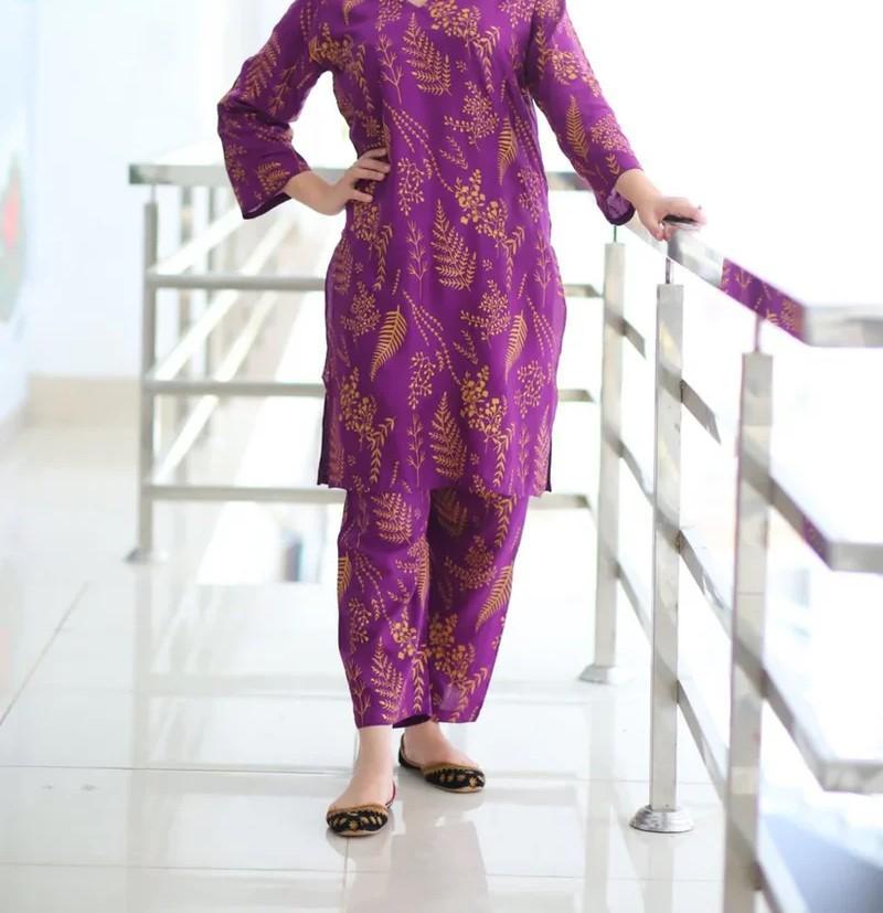 Women's Stitched Linen Printed Shirt and Trouser Set - 2 Pcs