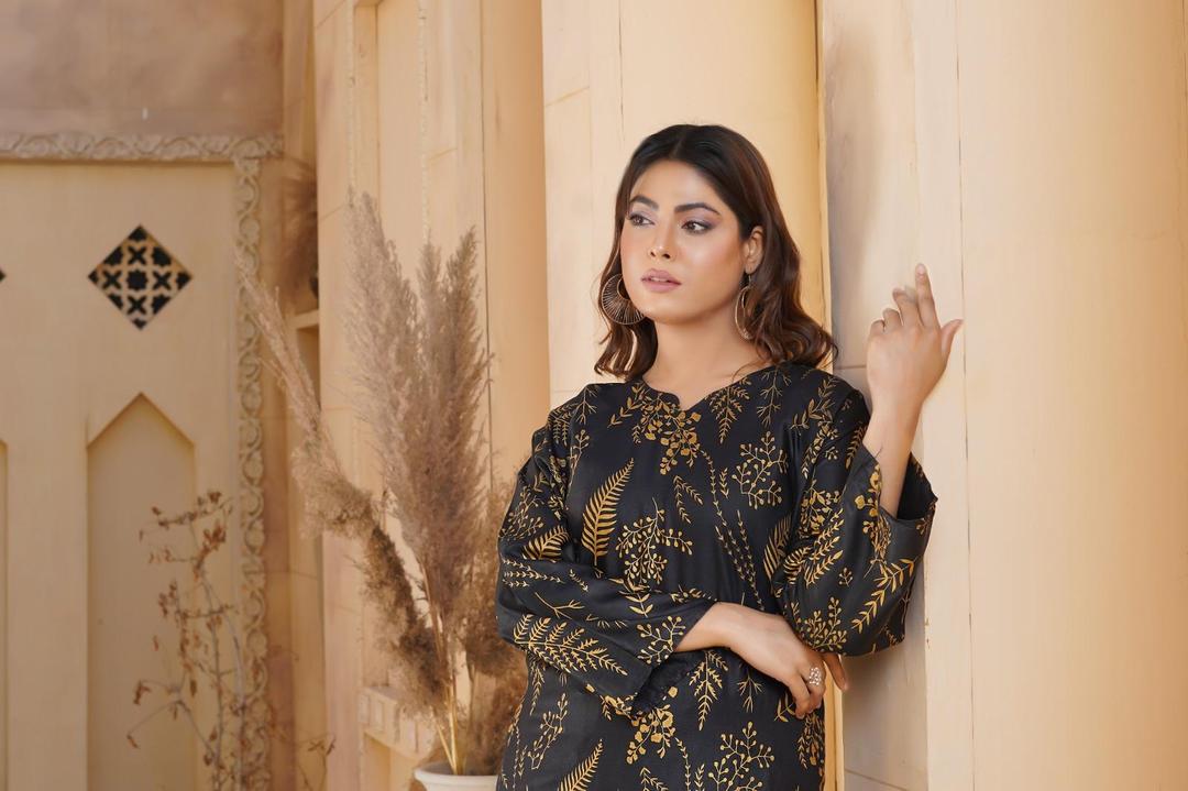 Stylish Women's Stitched Black Linen Shirt & Trouser Set - 2 Pcs